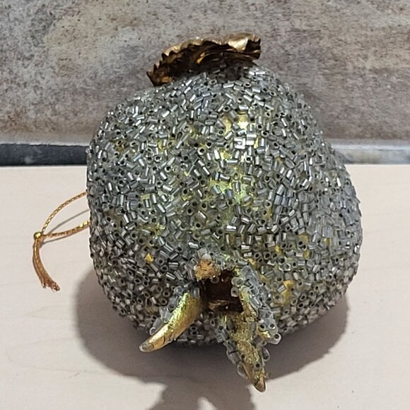 Faux Fruit Christmas Tree Ornament Glam Beaded Pomegranate Gold Leaf - Picture 5 of 8